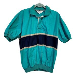 Vintage Norsport Mens Teal Colorblock Windbreaker Polo Shirt Large Cotton 90s